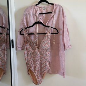 BUNDLE J.Crew One Piece Swimsuit w/Matching Head Band and Pink Linen Cover Up